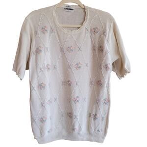 Alfred Dunner Cream Knit Sweater Top Floral Embroidery Short Sleeve SZ L Spring